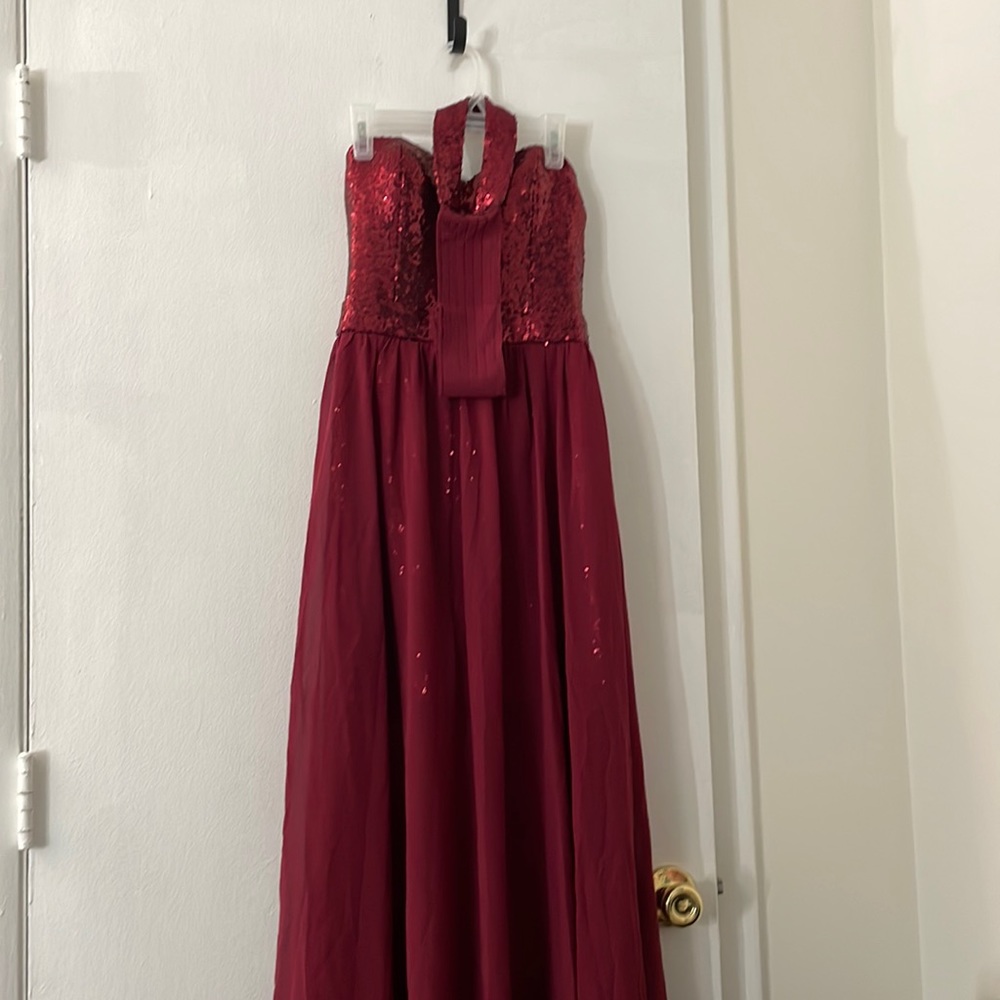 Fashion Nova Burgundy Slit Thigh Sequin Dress